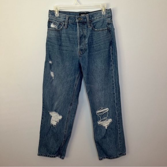 Express High Rise Medium Wash Cropped Distressed Button Fly Dad Jeans Size 4R - Picture 3 of 15